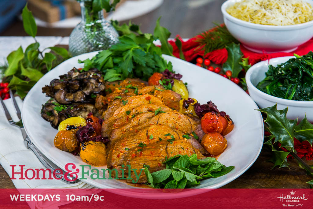 Cat Cora's Harissa Roasted Lamb with Asiago Orzo, Sautéed Spinach and Braised Maitake Mushrooms