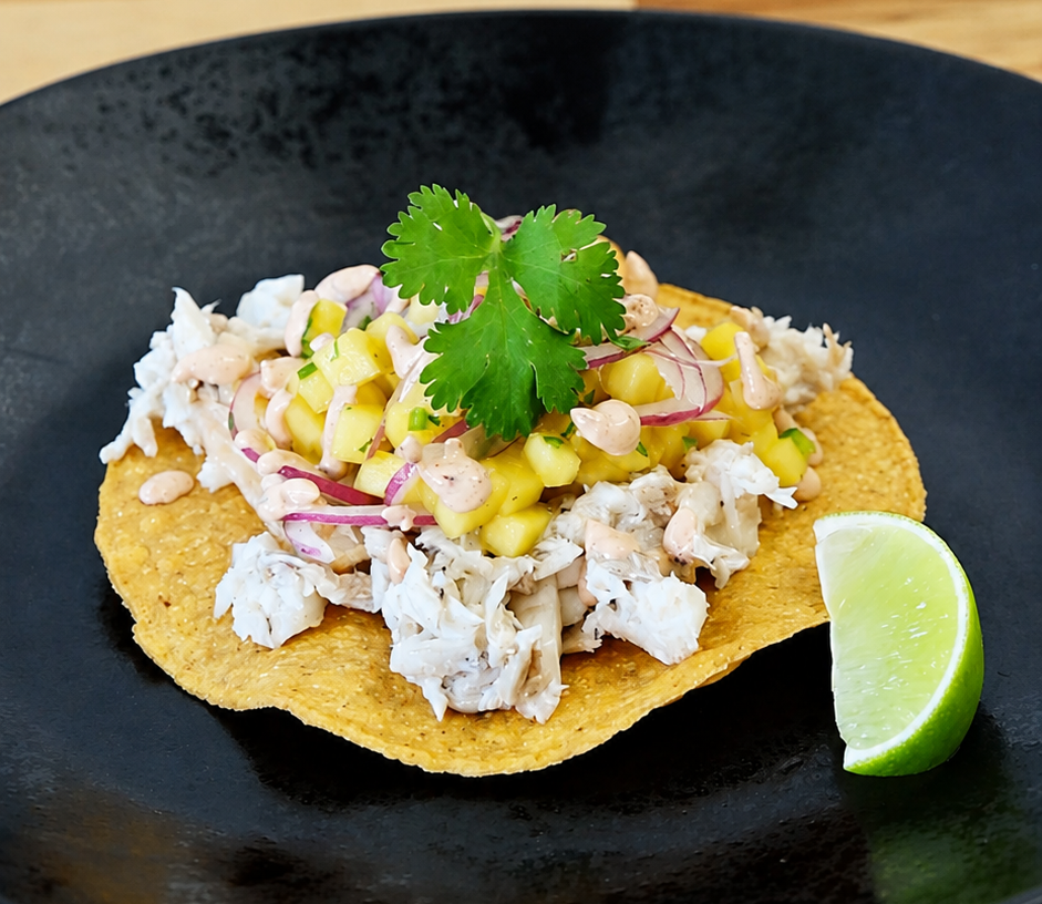 Cat Cora's Oven-Roasted Branzino Tostadas with Mango–Serrano Salsa and Chipotle Crema