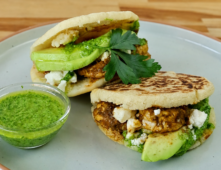 Cat Cora's Corn Arepa with Mediterranean Shrimp and Creamy Ají Verde