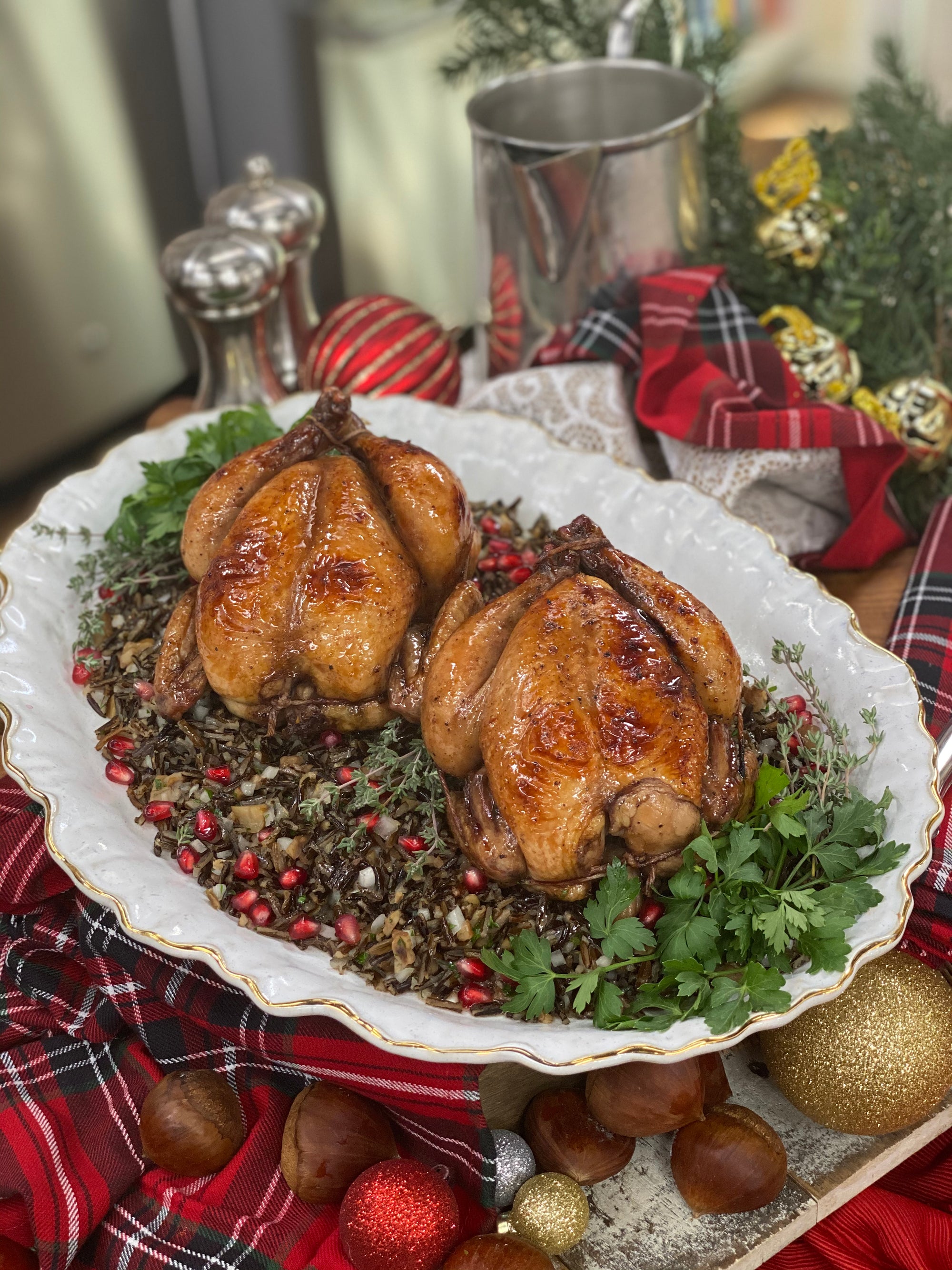 Pomegranate-Glazed Cornish Game Hens with Wild Rice and Chestnut Stuffing