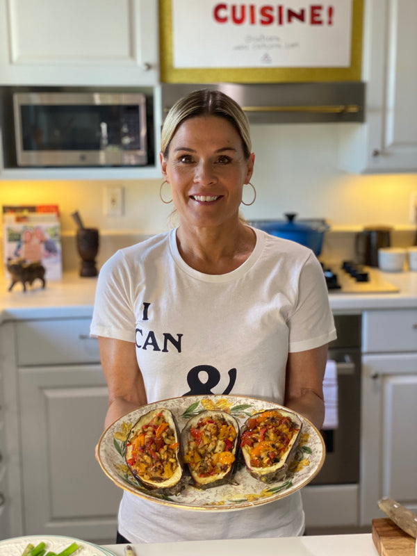 Cat Cora’s Stuffed Eggplant with Tomatoes, Mushrooms, Peppers and Bals - Global Chef Enterprises