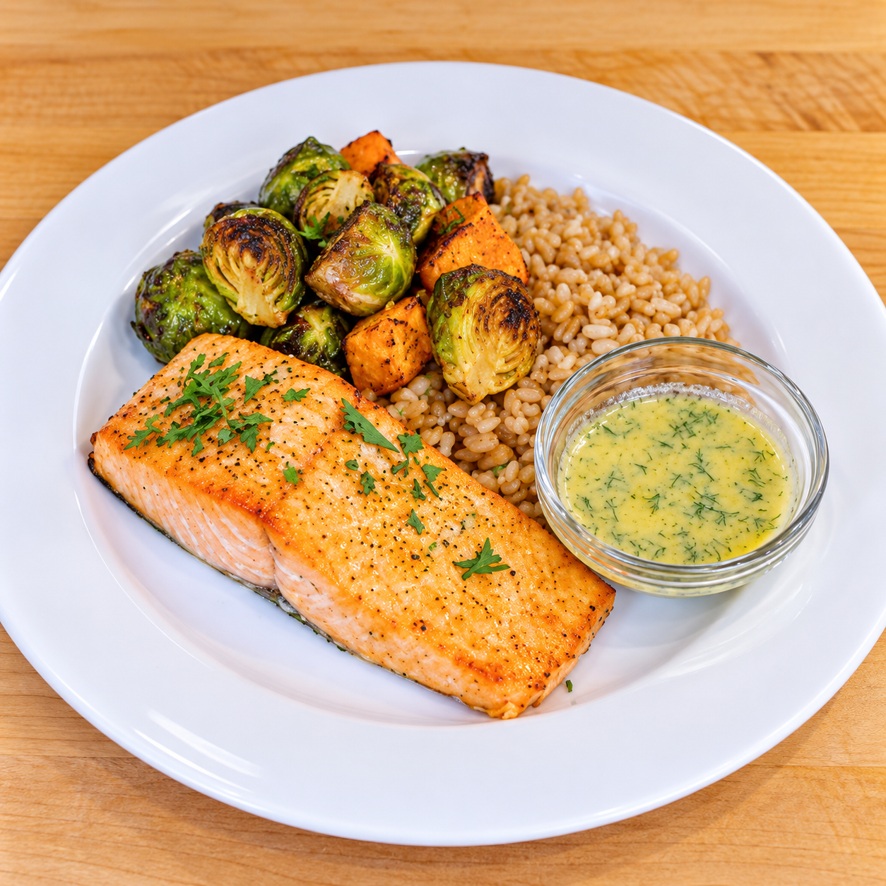 Cat Cora's Maple Dijon Roasted Salmon with Roasted Brussels Sprouts, Sweet Potatoes &amp; Farro