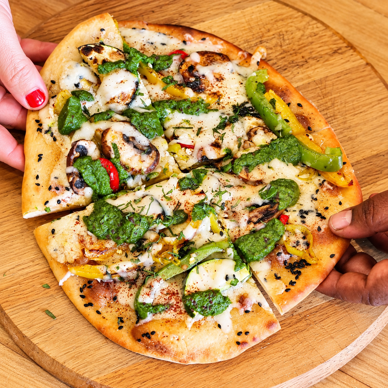 Cat Cora's Roasted Vegetable Naan Pizza with Mint-Cilantro Chutney