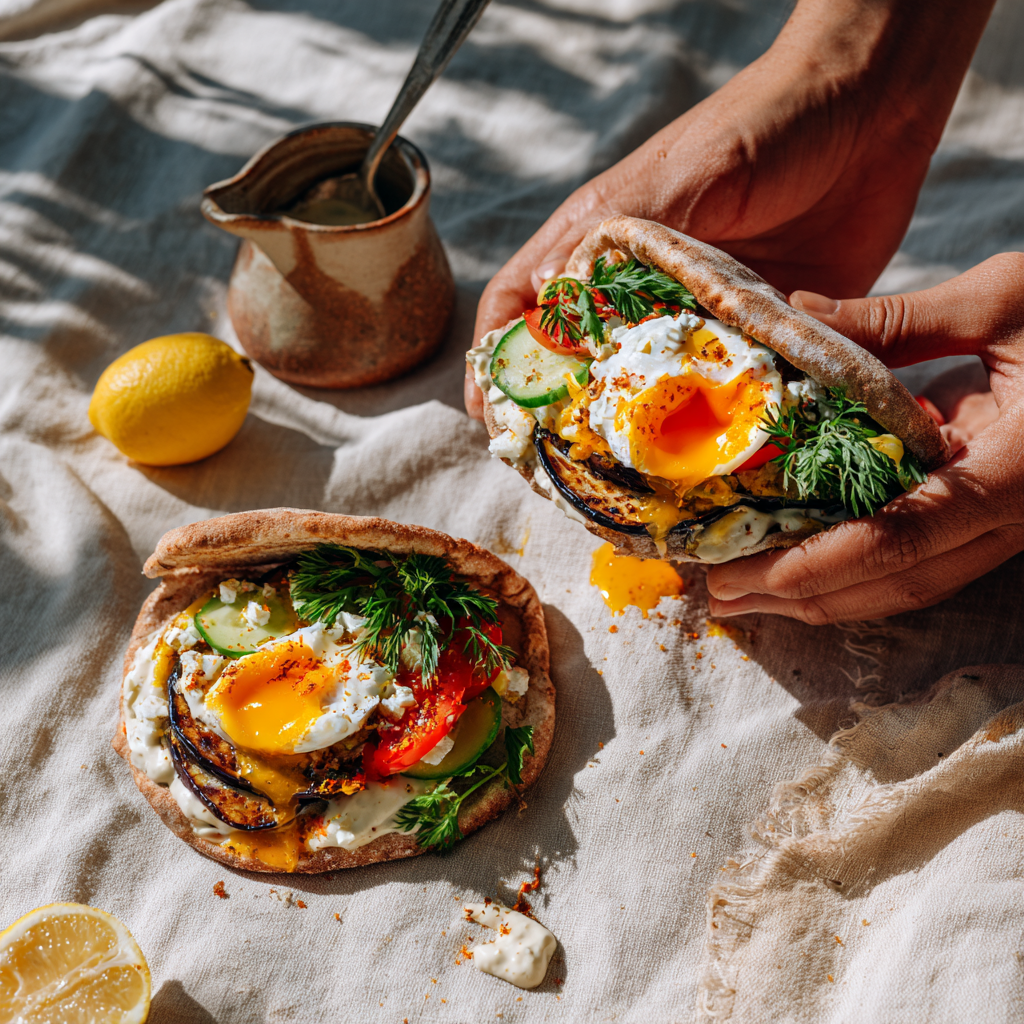 Cat Cora’s Sabich Style Pita with Crispy Eggplant, Jammy Egg, Tahini & Greek Salad