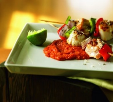 Salmon and Scallop Skewers with Romesco