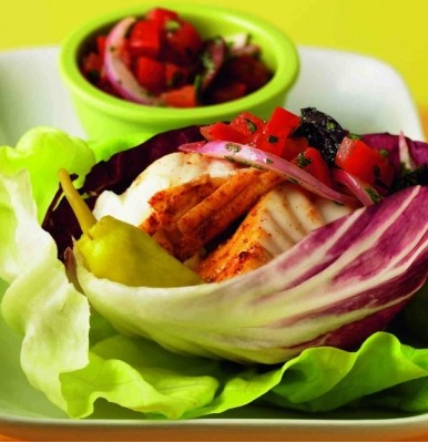 Lettuce Gyros Filled with Spicy Halibut