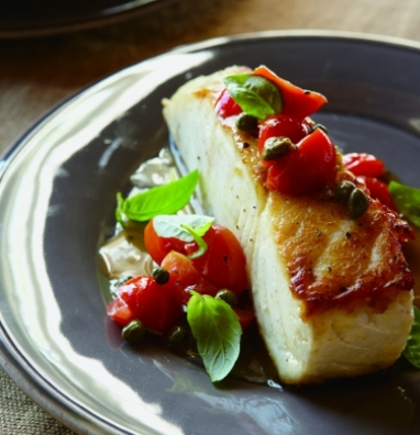 Halibut with Pepitas, Capers & Tomatoes